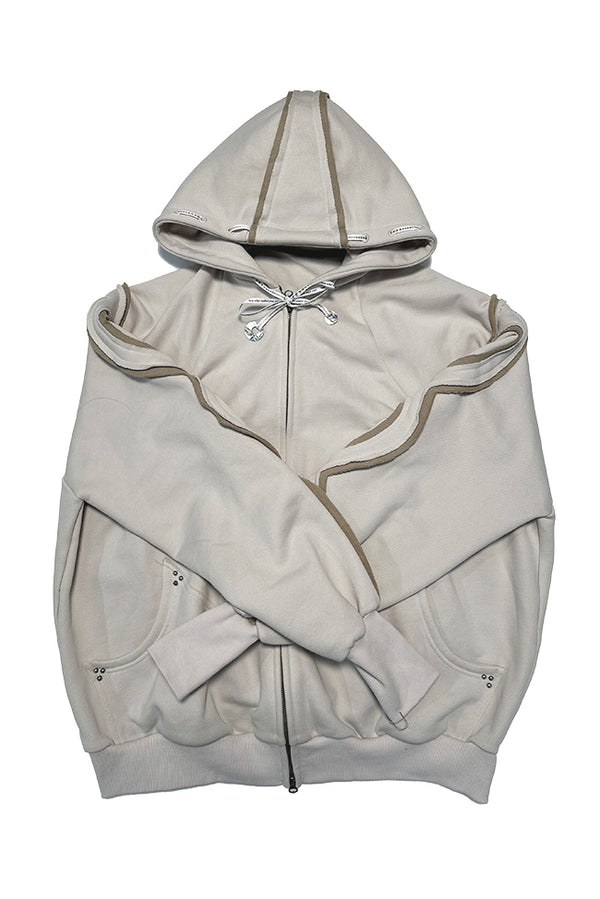 RUI built 25 autumn and winter patchwork loose drawstring zipper sweatshirt RUI-RAW25WV14-SeaShell
